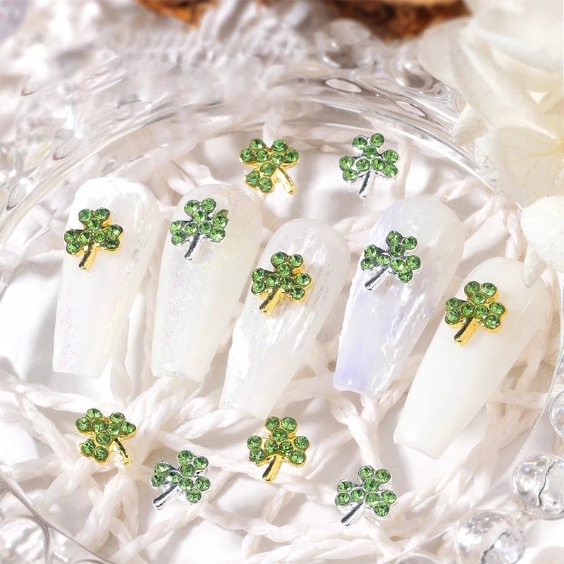 5pcs Alloy Lucky Grass Shamrock Nail Charms Parts Clover Jewelry Accessories Manicure Rhinestones Nails Decoration Supplies Tool