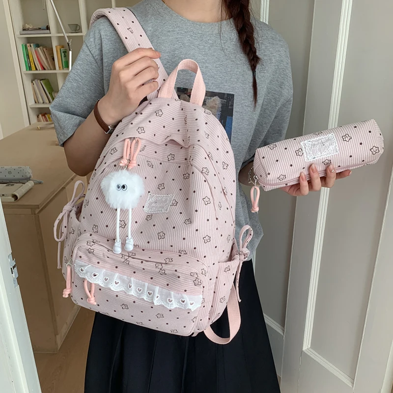 

Women's Pink Star Print Corduroy Backpack Set with Plush Charm Lace Decor Pencil Case Casual School Daily Travel Bag 2026 New