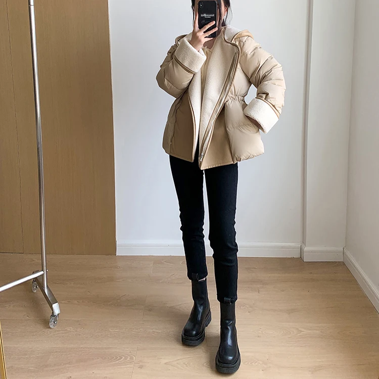 Schinteon Women Lambswool White Duck Down Jacket with Hood Autumn Winter Warm Outwear Casual Patchwork Coat European Style