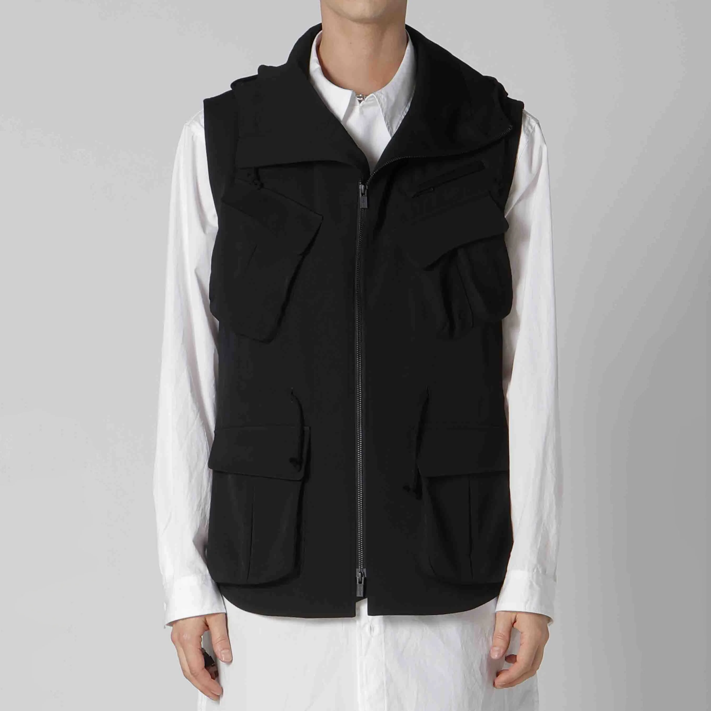 

YOJI OOAK оригинальный дизайн грузовой карман на молнии с капюшоном шерстяной топ жилет полностью черный жилет для мужчин