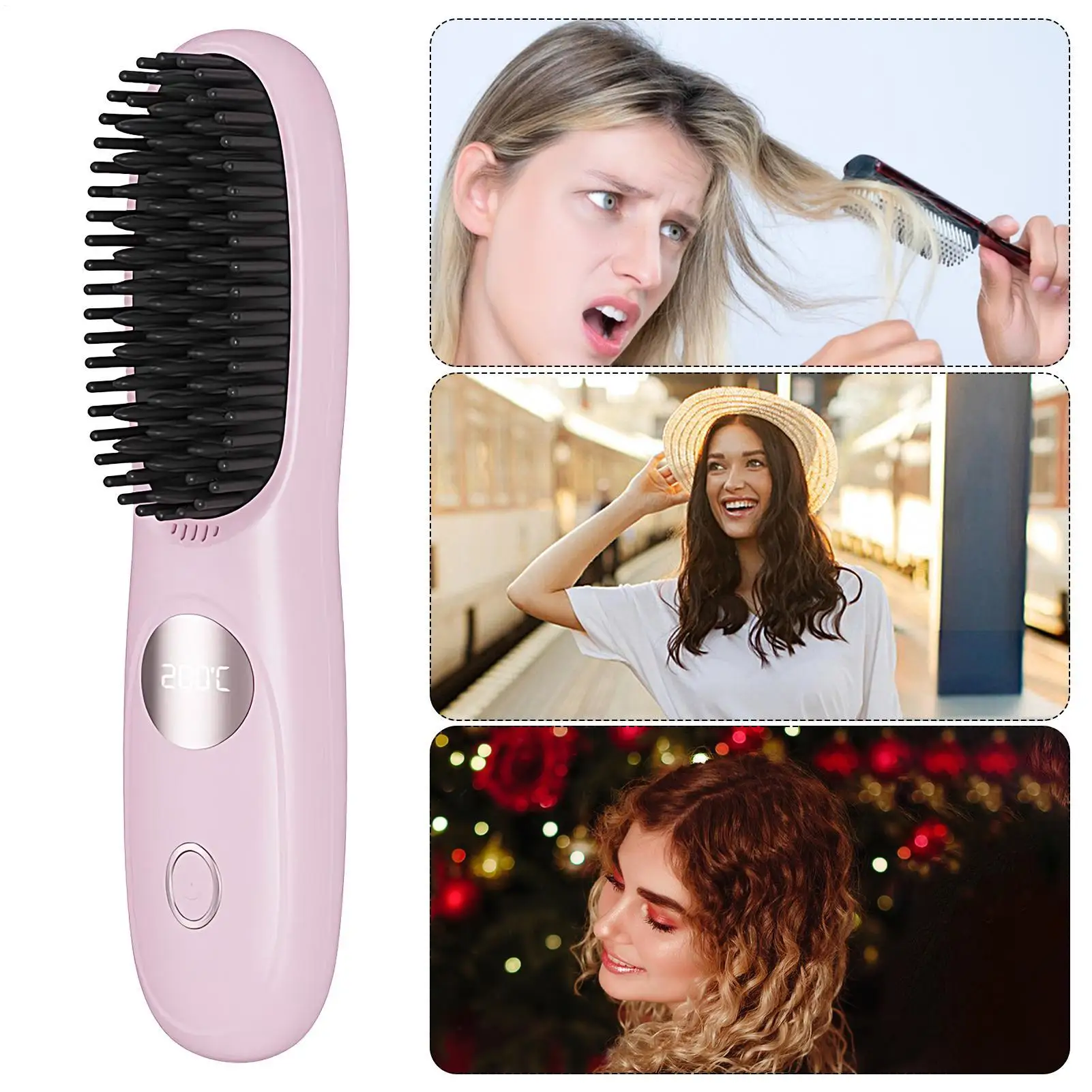 

Портативные щетки-выпрямители для путешествий с ЖК-дисплеем температуры, быстрый нагрев, беспроводные мини-щетки для волос для женщин