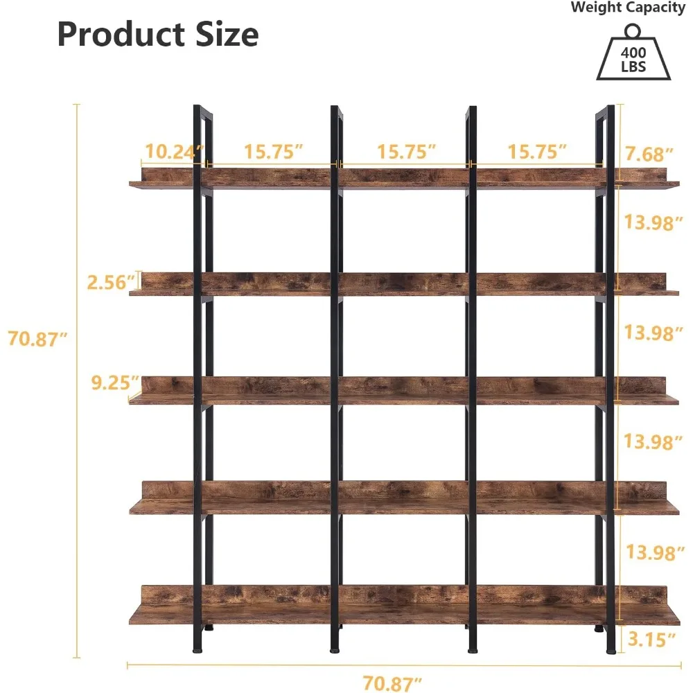 Triple Wide 5-Tier Bookshelf, Industrial Display Bookcase with Metal Frame, Tall Open Storage Book Shelves for Living Room