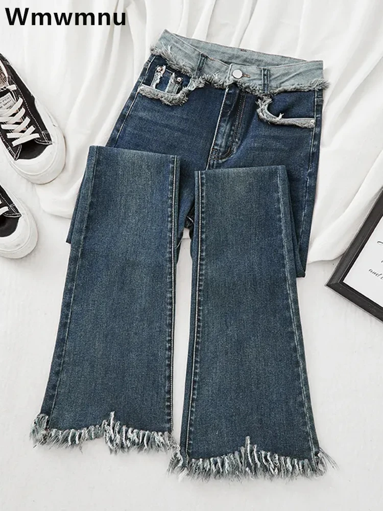 Streetwear Design Raw Edge Flare Jeans Women Korean Vintage Skinny Vaqueros Casual High Waist Stretch Denim Pants Bell-bottoms