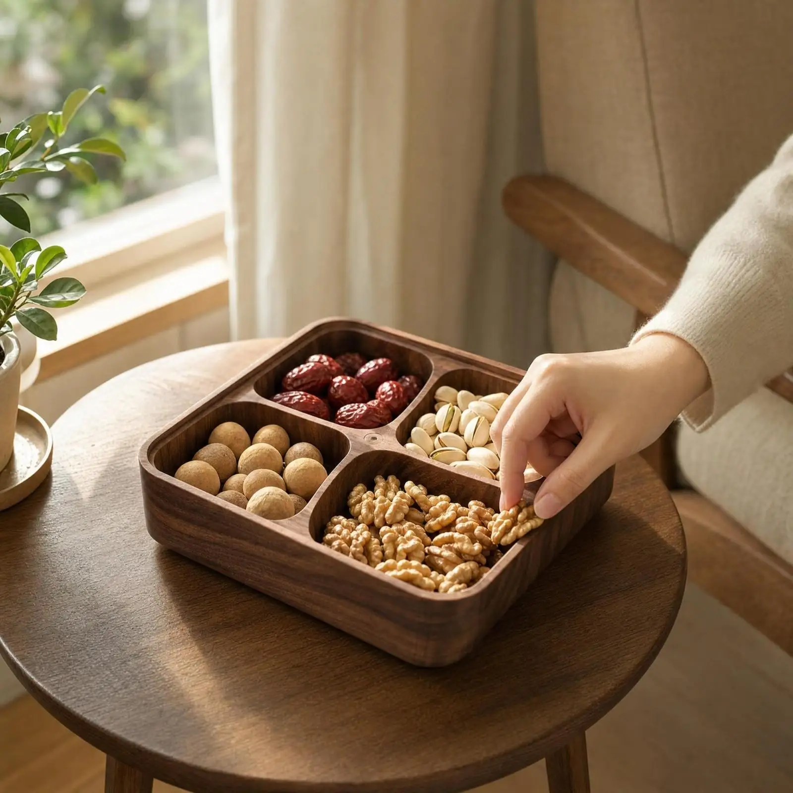 Solid Acacia Wood Industrial Tray with Windmill Divided Compartments for Serving Snacks Fruits and Nuts