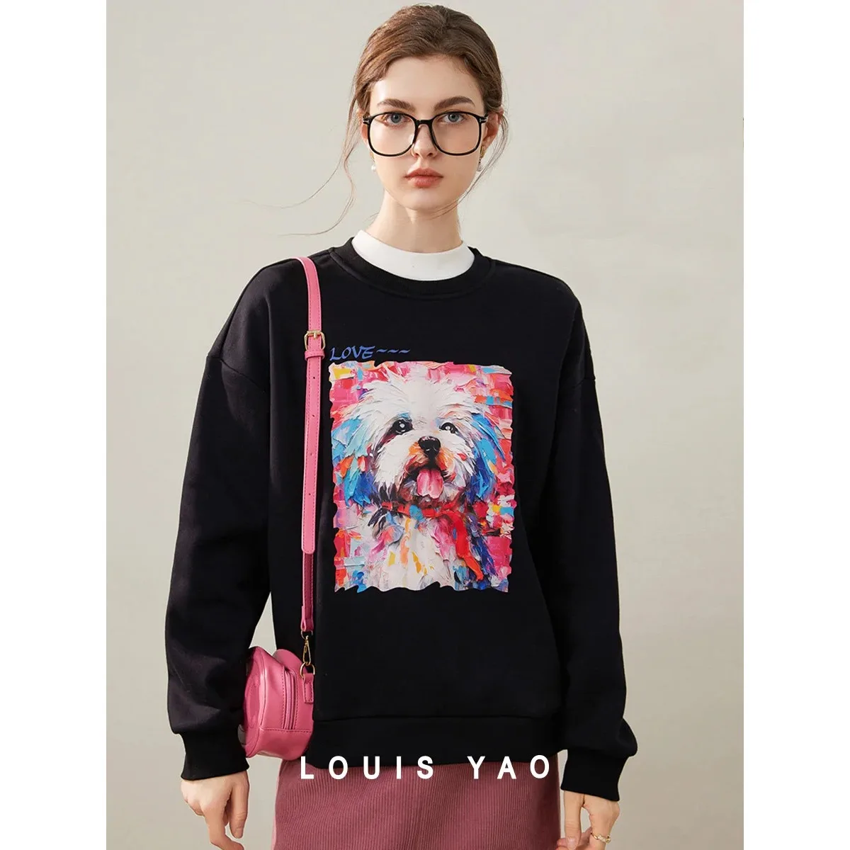 

LOUIS YAO Fashionable Printed Women's Long Sleeve Sweatshirts 2025 Winter Thick Fleece Round Neck Hoodie Chic Street Woman Tops