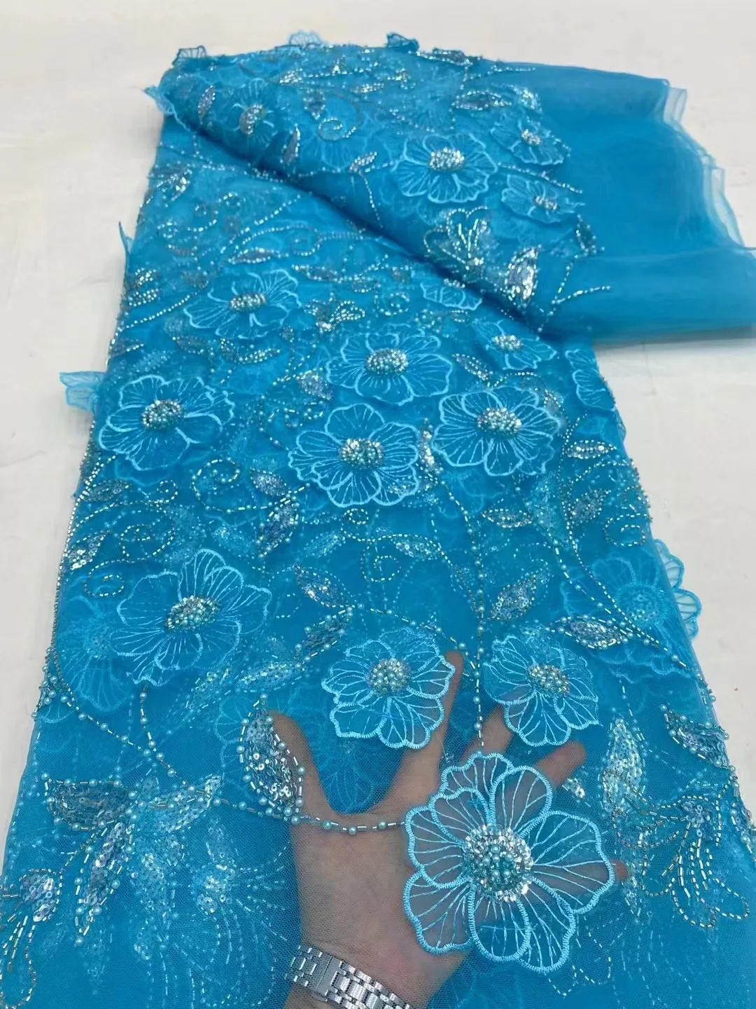 Luxurious Nigerian Sequins Lace Fabric 2024 High Quality  Embroidery Beads African French Lace Fabric For Wedding Dress