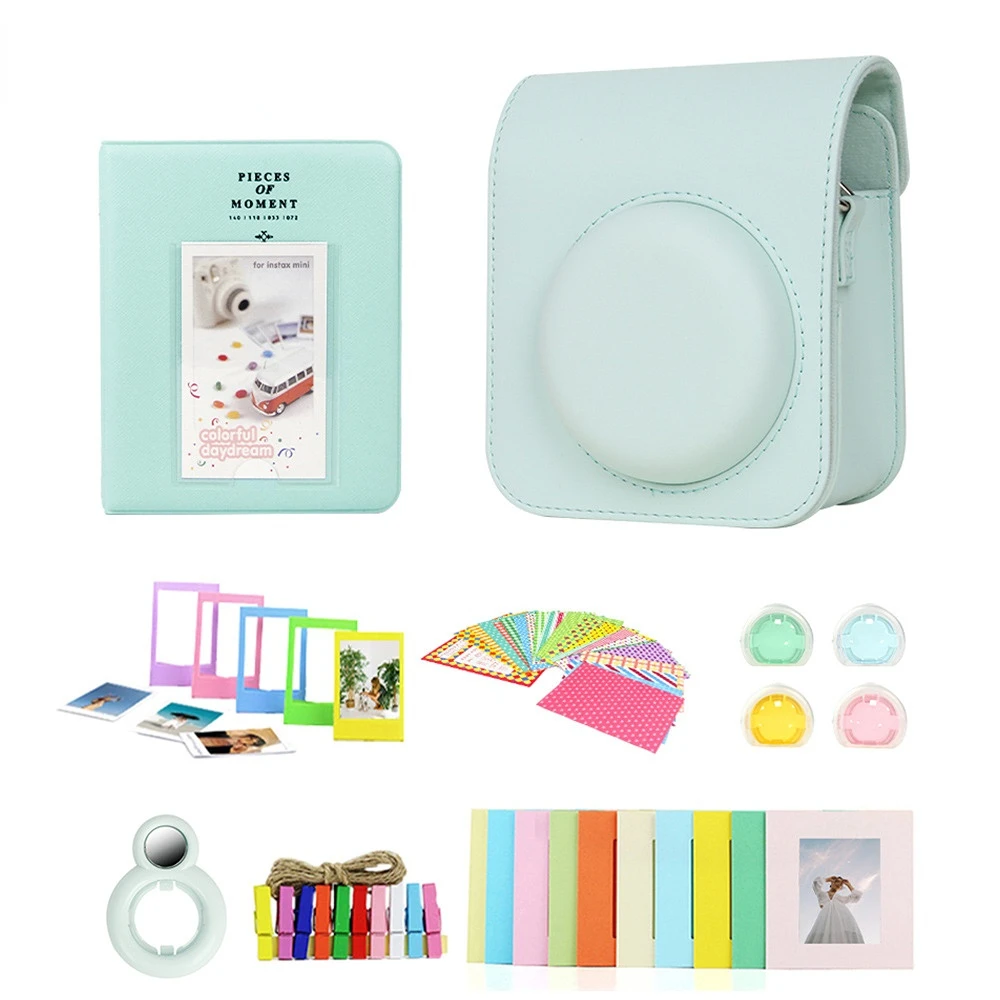 7-in-1 Camera Bag for Fujifilm Instax Mini 12 PU Case 64 Pockets Photo Album Colorful Photo Frame Selfie Mirror Lens Filters