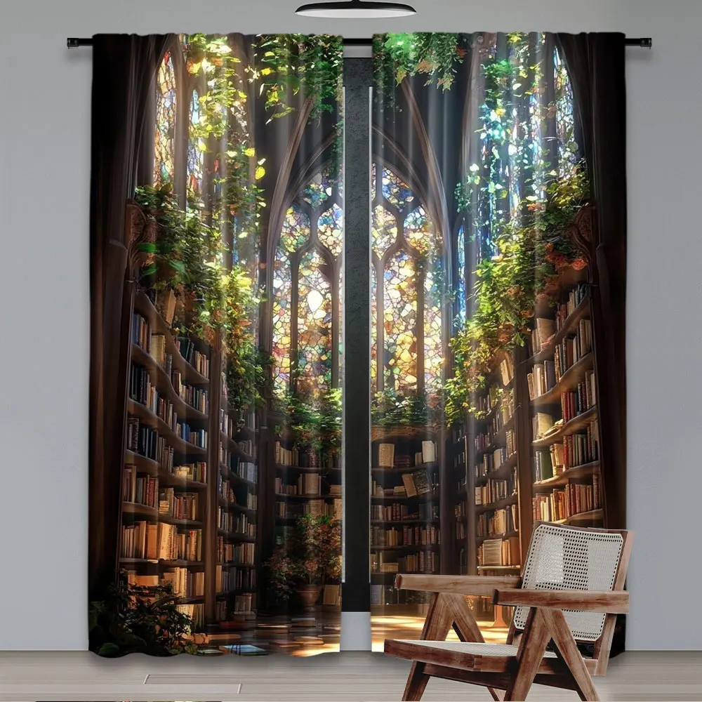 2Pcs Bookshelf Curtain Retro Library Bookshelf Books Print Window Drapes For Bedroom Living Room Study Office