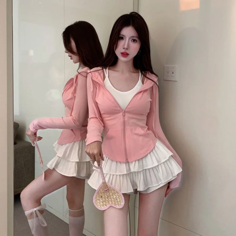 مجموعات النساء مقنعين الشمس واقية رياضي سليم Hotsweet جاكيتات الكشكشة التنانير البسيطة موضة مرونة الخصر العطاء كل مباراة أنيقة أنيقة #5