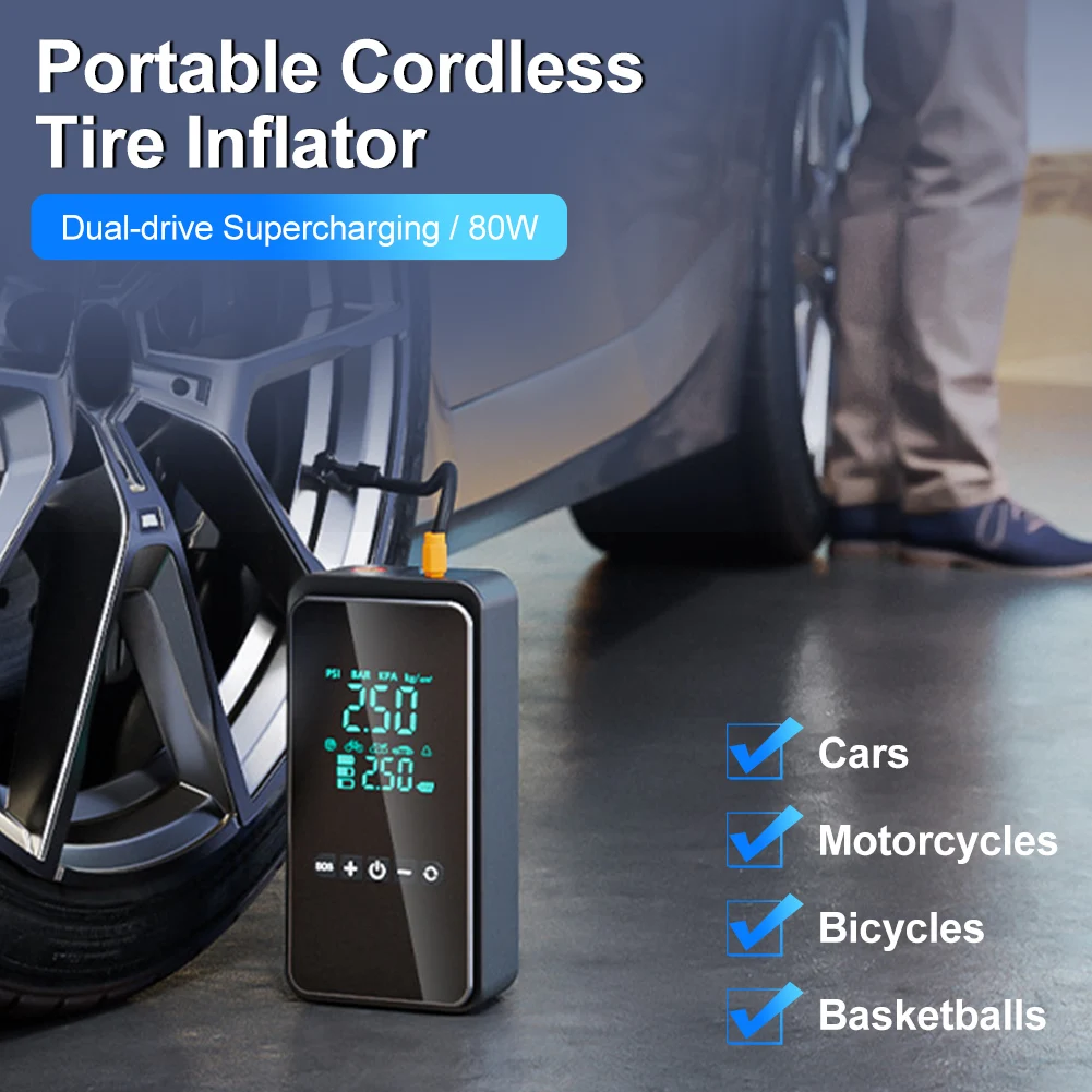 Cordless Tire Inflator 80W 150PSI for Car Air Compressor Pump Faster Inflation Electric Air Pump Power bank with LED Rechargeabl