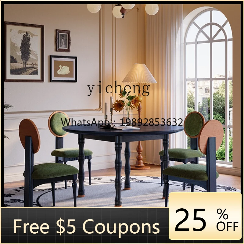 

R1 retro round solid wood dining table small apartment household black antique dining table and chairs combination