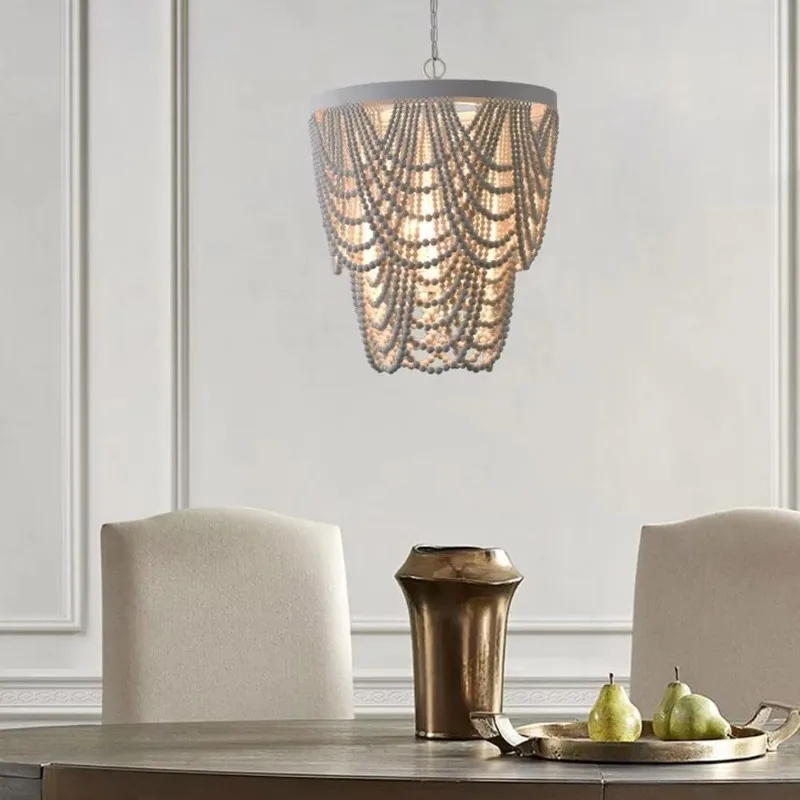 Bohemian wood bead chandelier - Nordic style living room ceiling lamp adjustable height