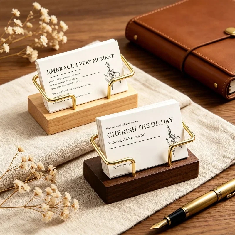 Wooden business card box display stand solid wood high-end metal business card holder portable business card storage box