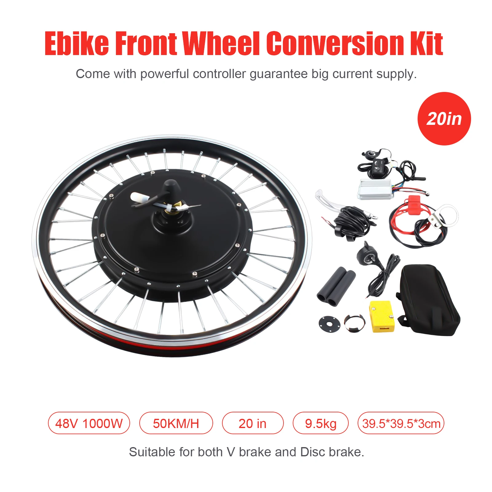 20-дюймовый комплект для переоборудования колес, 1000 Вт, 440 об/мин, светодиодный дисплей из алюминиевого сплава, индикатор заряда батареи, 3-скоростная регулировка для переднего велосипеда