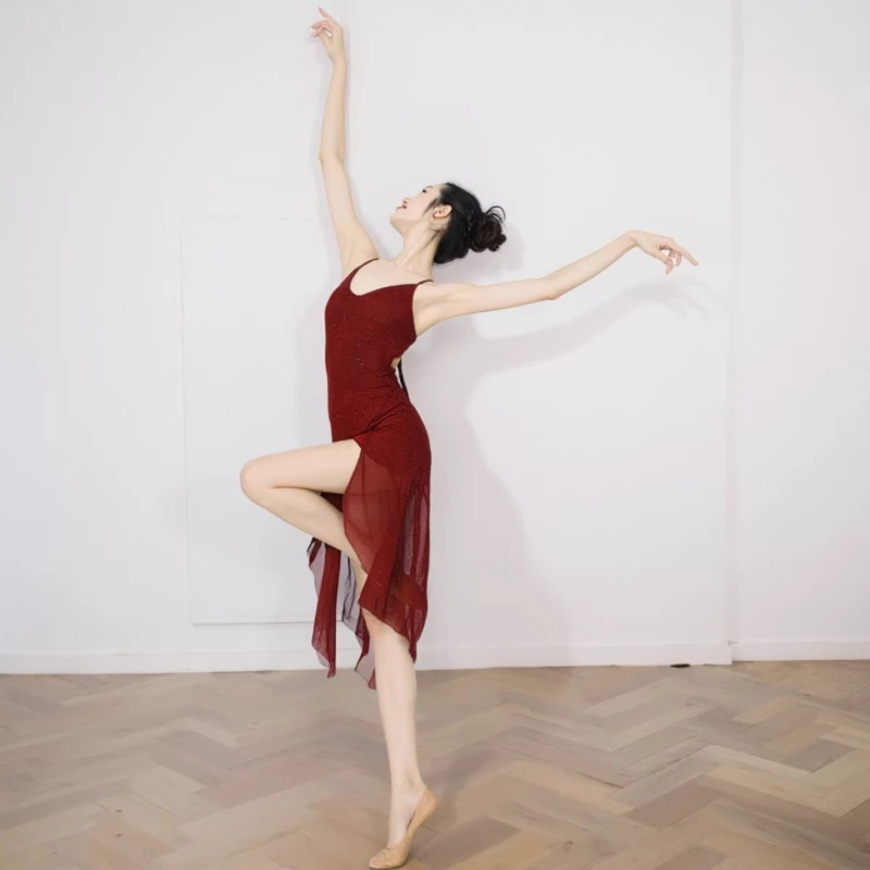 Damska Sukienka Baletowa Liryczna Latin Dance Kostium Występ Bez Rękawów Odkryte Plecy z Dziurką na Guzik Błyszczące Dżety Rozcięcie Boczne Siateczkowa Sukienka Maxi