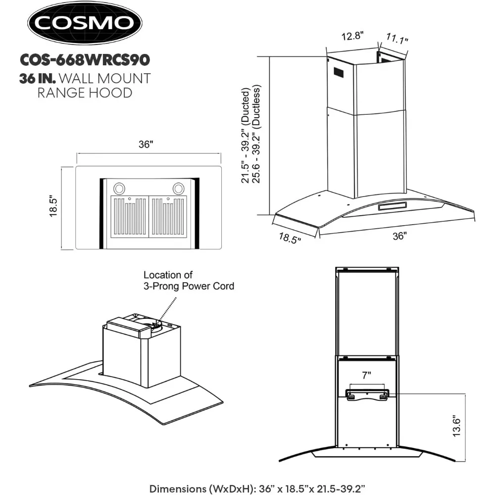 COS-668WRCS90, 36 pulgadas Campana extractora de montaje en pared con conductos, acero inoxidable con controles táctiles, iluminación LED y filtros permanentes