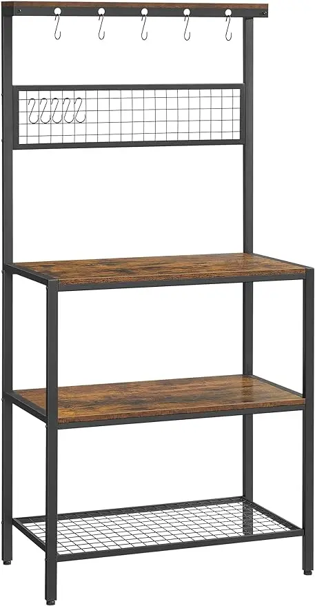 

Bakers Rack Coffee Bar Kitchen Storage Shelf Rack with 10 Hooks 3 Shelves Adjustable Feet for Microwave Oven