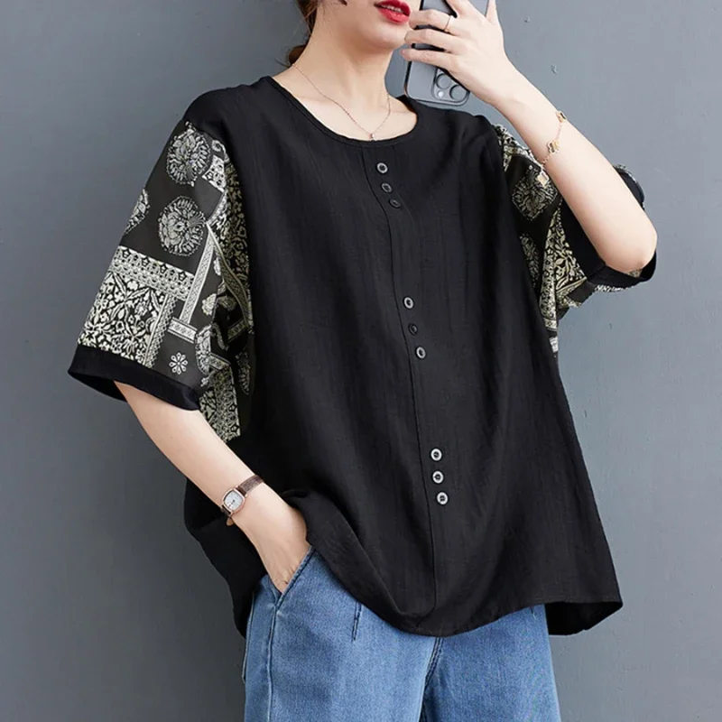 Women's Cotton Linen Loose Pullover T Shirt Western Style Summer Top Slimming 5/4 Sleeve Printed Casual Fashion for Plus Size