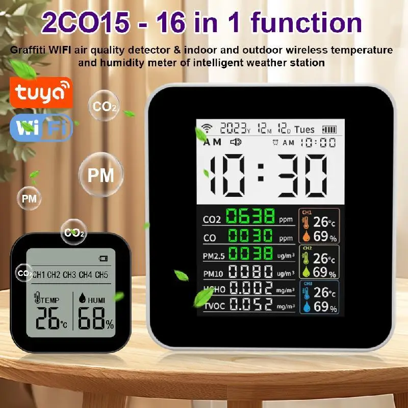 Smart WiFi Air Quality Monitoring CO2 CO TVOC HCHO PM2.5 PM10 Smart Weather Station Wireless Temperate 1/2/3 Sensor