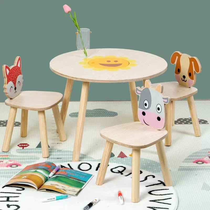 Children wooden simulation indoor furniture Fox Dog calf table and chair combination baby learn to read cartoon game table