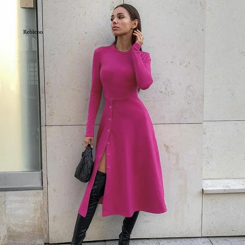 Women Knitted Dress Sexy Slit Bodycon High Waist Button 2022 Autumn Winter Dress Ladies Office Elastic Casual Midi Dress