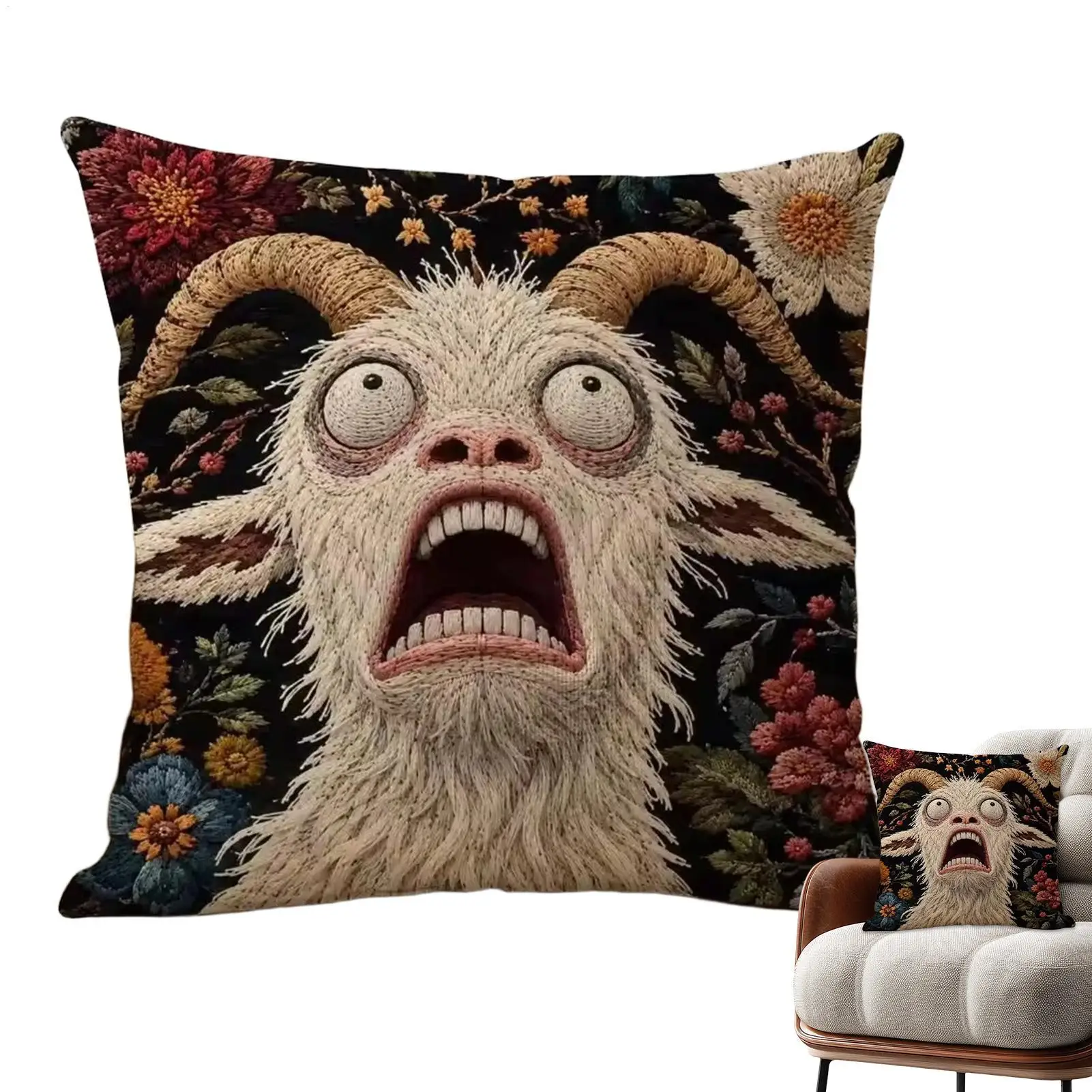 Screaming Goat Embroidered Style Printed Pillow Cover Short Plush Polyester Cushion Case Funny Animal Pillowcase Home Decor