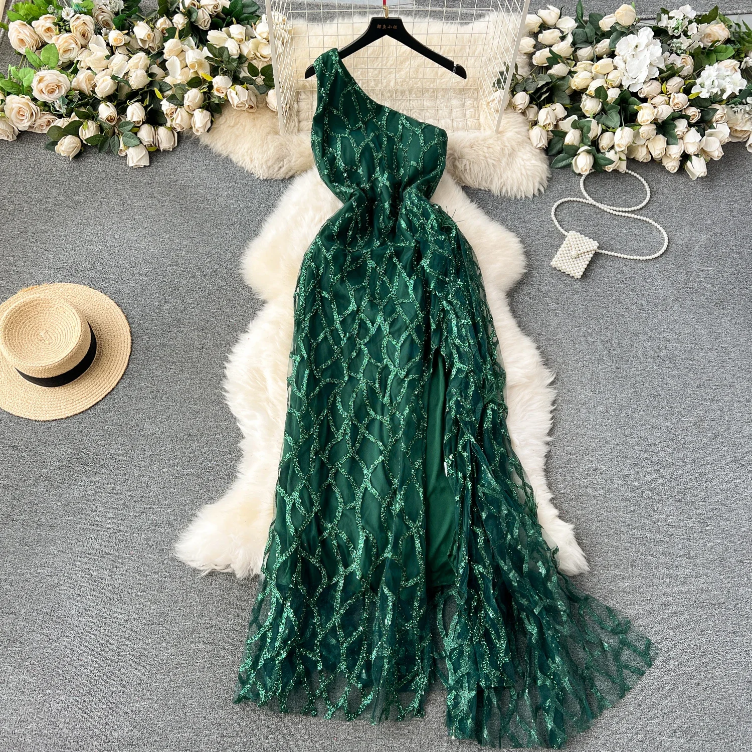 Abito da sera lungo Vintage per donna gancio a rete fiore una spalla alta divisa in Tulle femminile abiti Prom Luxury Chic New