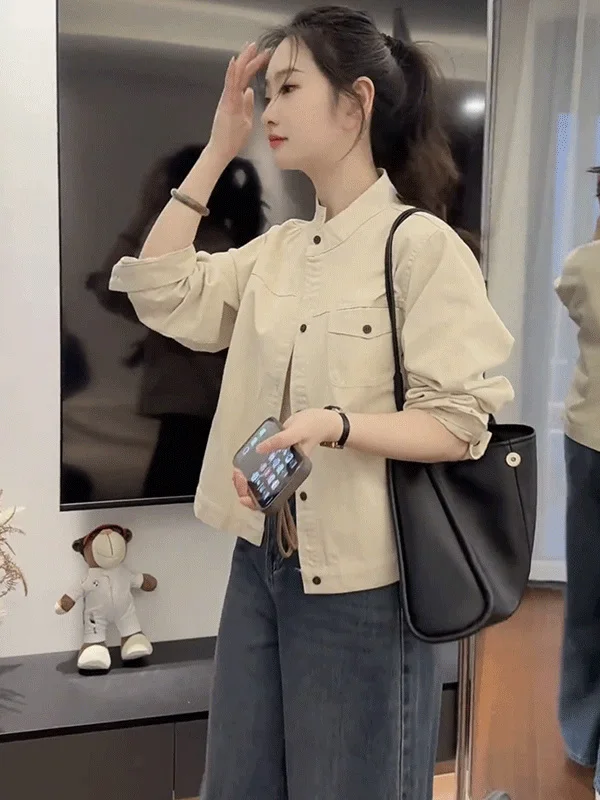 

Casual Workwear Shirt Collared Short Jacket Women's Spring New Style Retro Small Size Slimming Versatile Coat Top
