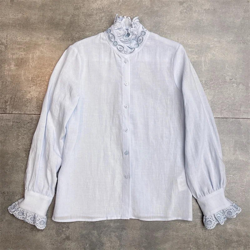 

Women's shirt New autumn 2025 single breasted stand up collar slim fit long sleeved top Embroidered hollowed out Women's blouse