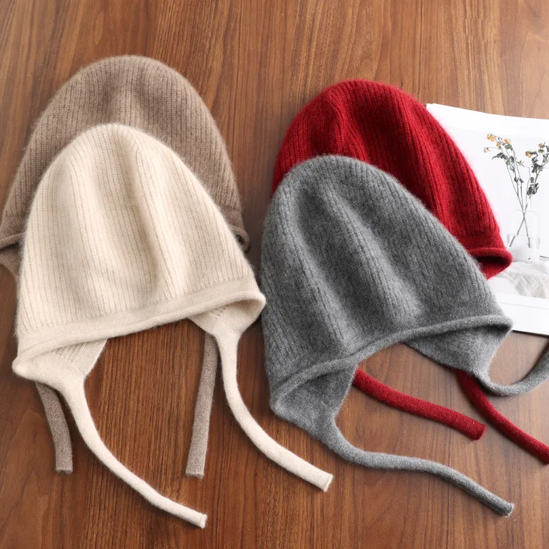 Adult warm Helmet Windproof Hat Ear Protection Winter Knit Beanies Solid Colors Wool Blend Cute Lovely Cap Beige Black Skullies