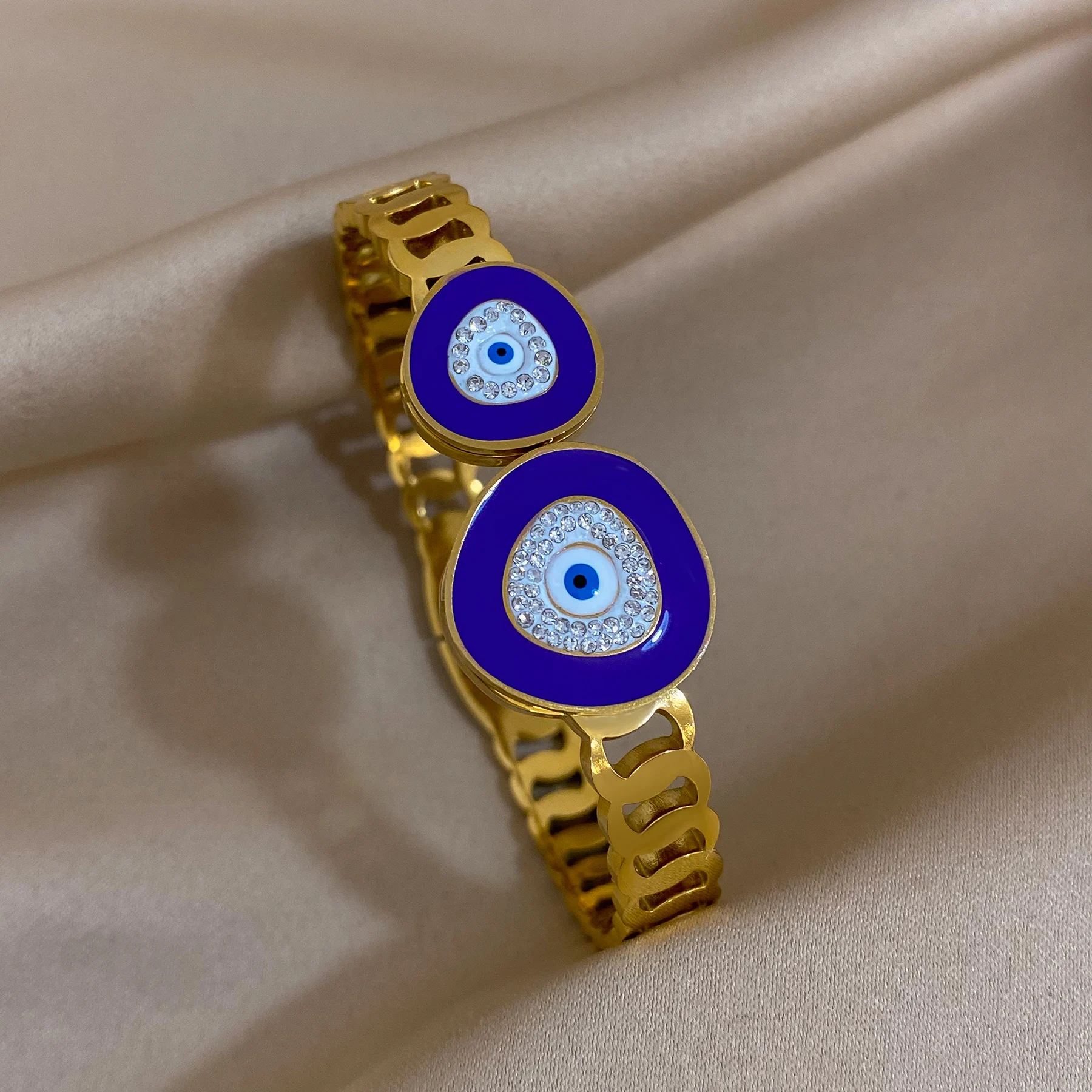Evil Eye Stainless Steel Charm Bracelet, Rhinestone