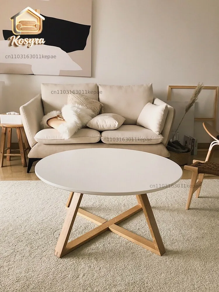 Japanese-style original solid wood coffee table round living room household balcony cream white bedroom low table simple
