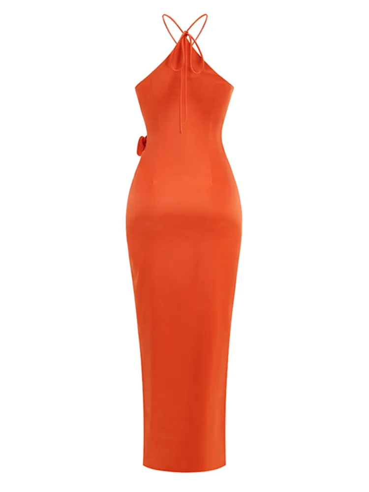 Sexy ärmellose orange Blume Maxi lange Promi Kleid Party Abend Club Vestido Kleider für Frauen 2024 Luxusmarke