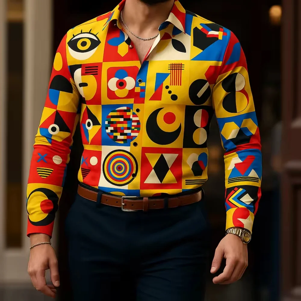 New men's long sleeved shirt, casual slim fit button down collar shirt, artistic geometric pattern shirt, men's fashionable top