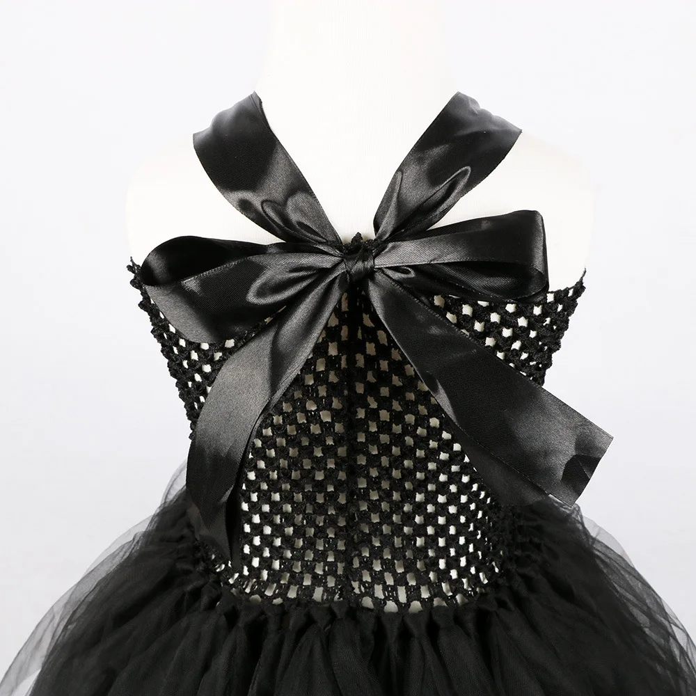 Gothic-Mädchen, langes, schwarzes Tüllkleid mit Federkragen, Hexenkostüm für Cosplay, Kinder-Halloween-Karnevalskostüm, Maleficent-Tutu-Outfit. – Detail 6