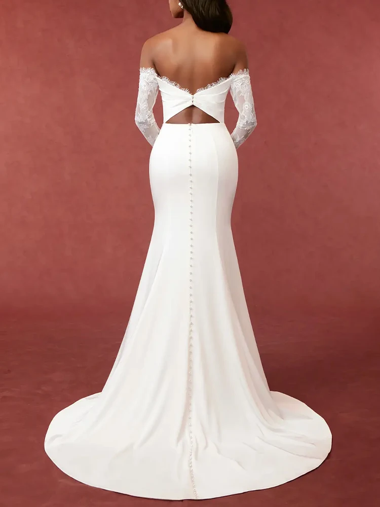 Women's wedding dress bride wedding diamond white fishtail lace long sleeve waist wedding dress satin dress banquet dress