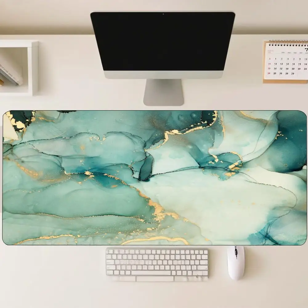 Teal Ink Wash Gold Art Gaming Mouse Pad XXL Desk Mat, Non-Slip Rubber Base Smooth Surface, Keyboard for Gamer Esports Office