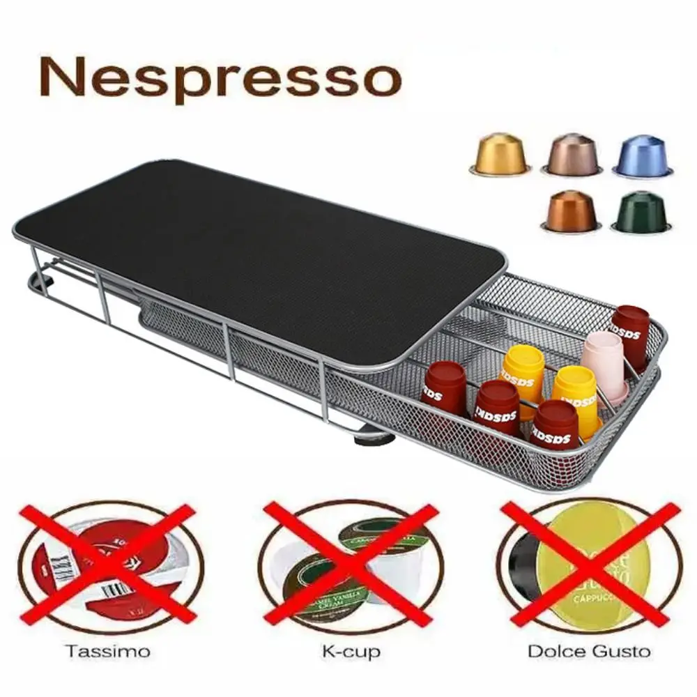 

Metal Coffee Capsule Display Rack Black Large Capacity Coffee Pod Holder Anti-Slip Drawers Coffee Capsule Holder Office