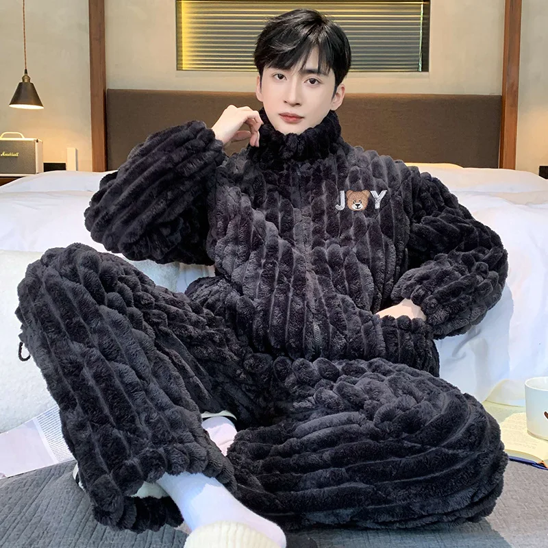 

Winter New Thickened Coral Fleece Men 2Pcs Pajamas Set Sleepwear Black High Neck Stripe Pijamas Suit Loose Casual Home Wear