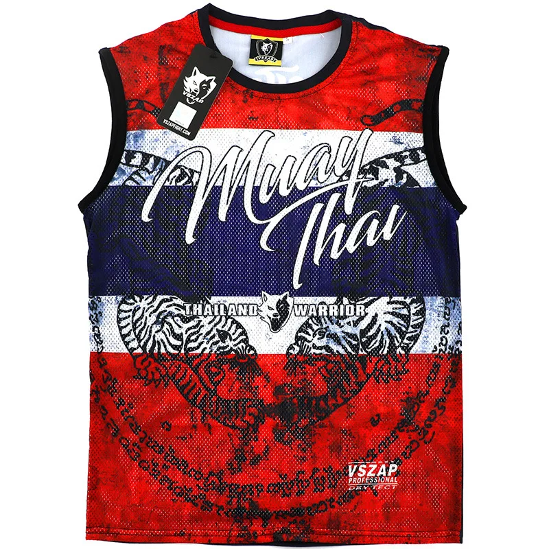 Vszap Thailand Tiger t-shirt Muay Thai bez rękawów Stretch szybkoschnący kamizelka treningowa męska walka Fitness taktyka MMA