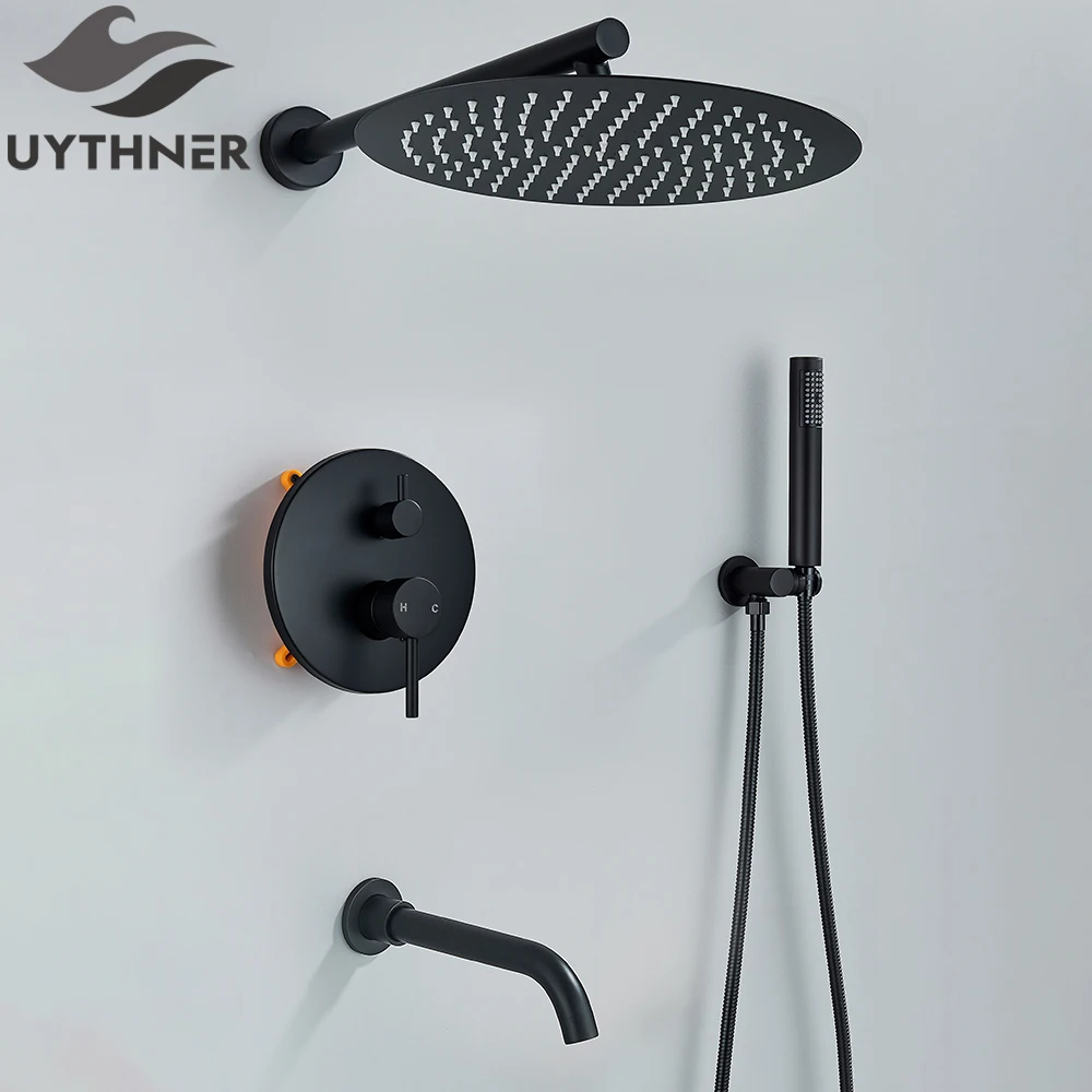 

Черный смеситель для душа для ванной комнаты Uythner, настенное крепление, смеситель для душа с дождевой ванной, набор смесителей для душа, система 8/10 дюймов, насадка