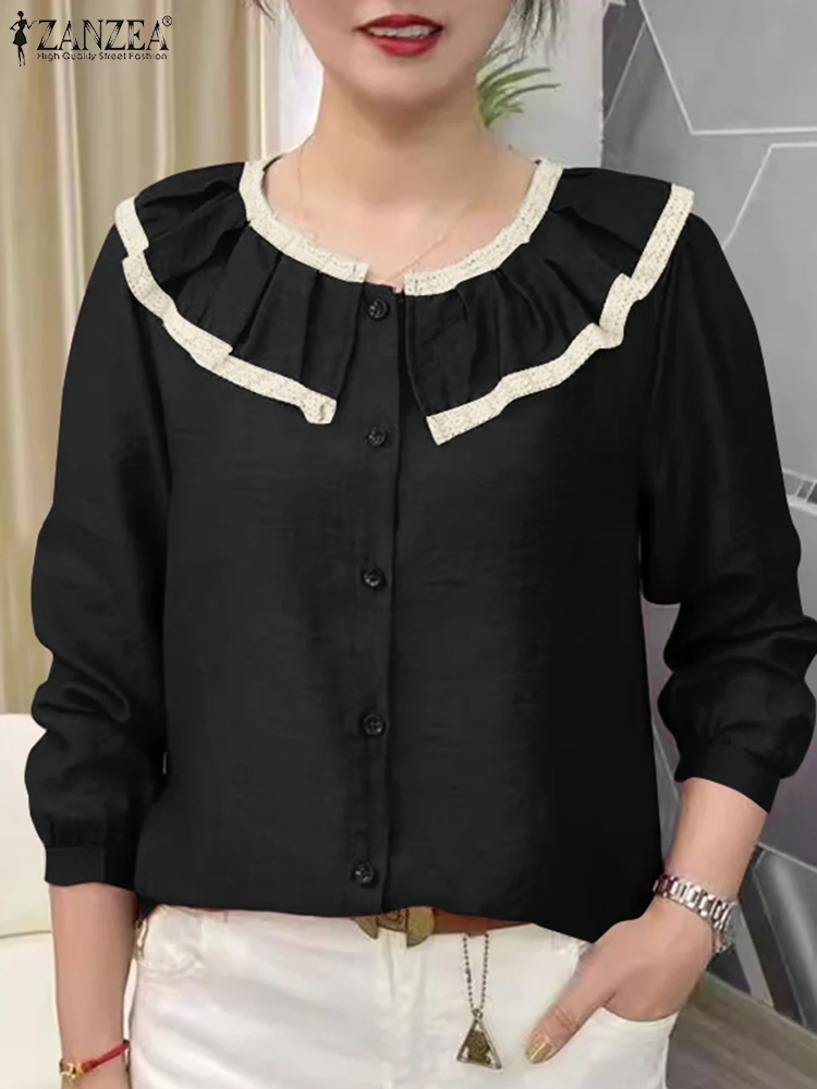 ZANZEA Vintage Peter Pant Collar Shirts 2025 Spring Crinkled Women Elegant Tunic Tops Long Sleeve Ruffles Lace Trim Blouses