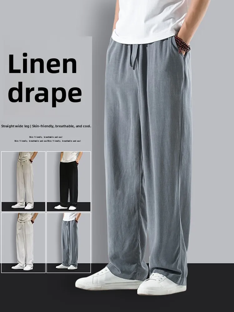 

High-End ey Anti-Wrinkle Linen Men's Summer Loose Straight Leg Wide Sports Long Pants Trendy Casual Straight Leg Trousers