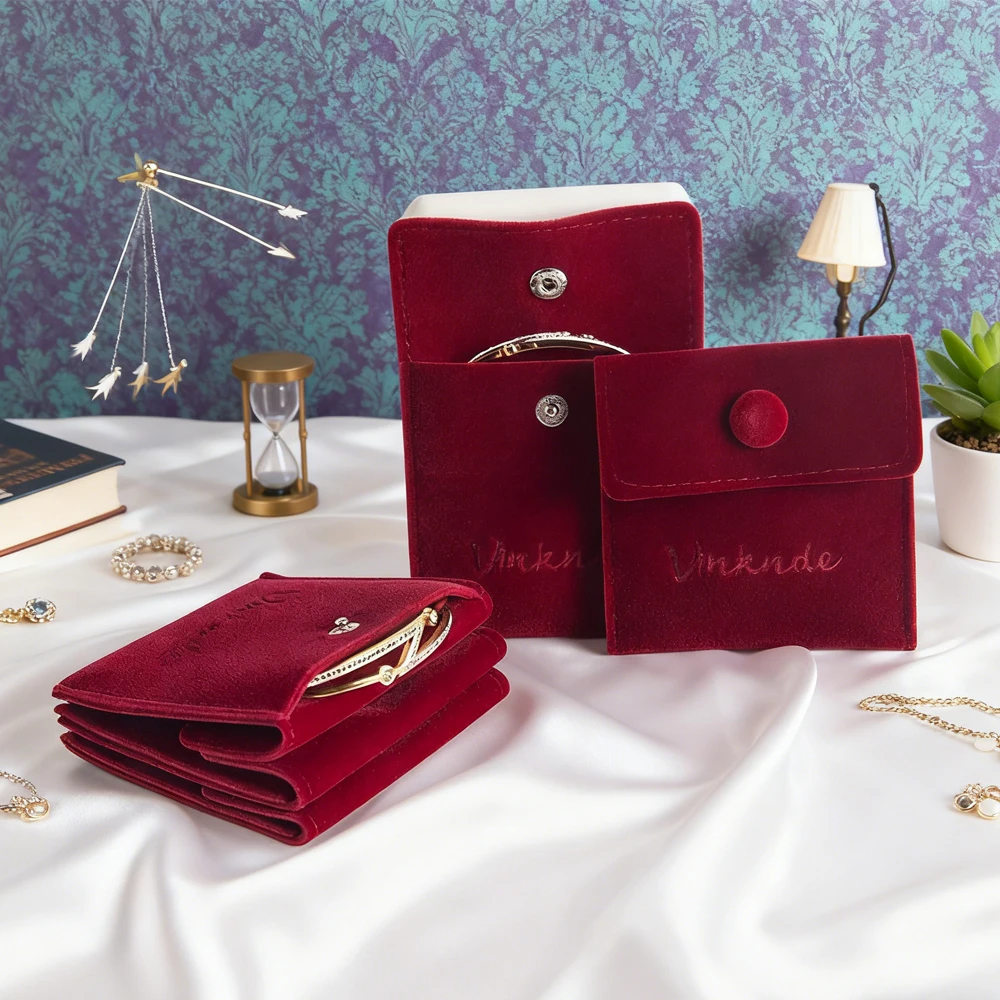 

100Pcs Burgundy Velvet Jewelry Bag Custom Logo Snap Button Jewellery Cases Wedding Earrings Rings Necklace Party Favor Gift Pack