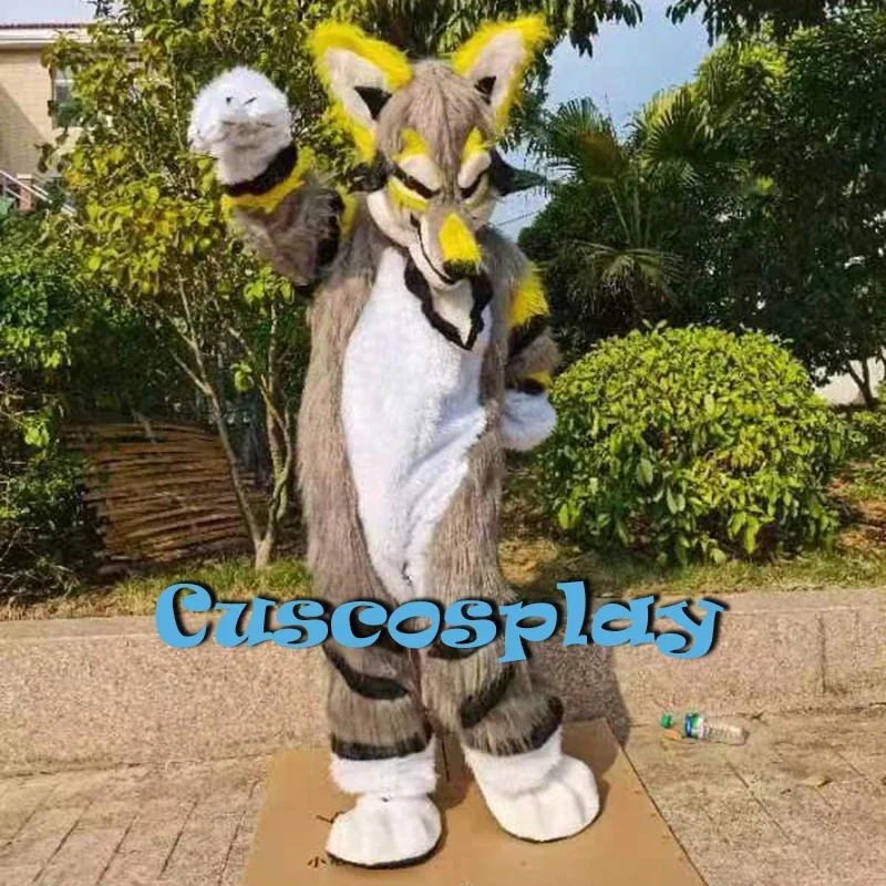 

Christmas Grey White Long Fur Furry Husky Dog Wolf Fox Fursuit Mascot Costume Adult Halloween Carnival Fancy Party Cosplay Outi