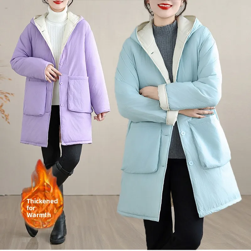 

Женское пальто средней длины Thiened из хлопка и льна с капюшоном, удобное теплое, антивозрастное, зимнее, новое, модное, для поездок на работу