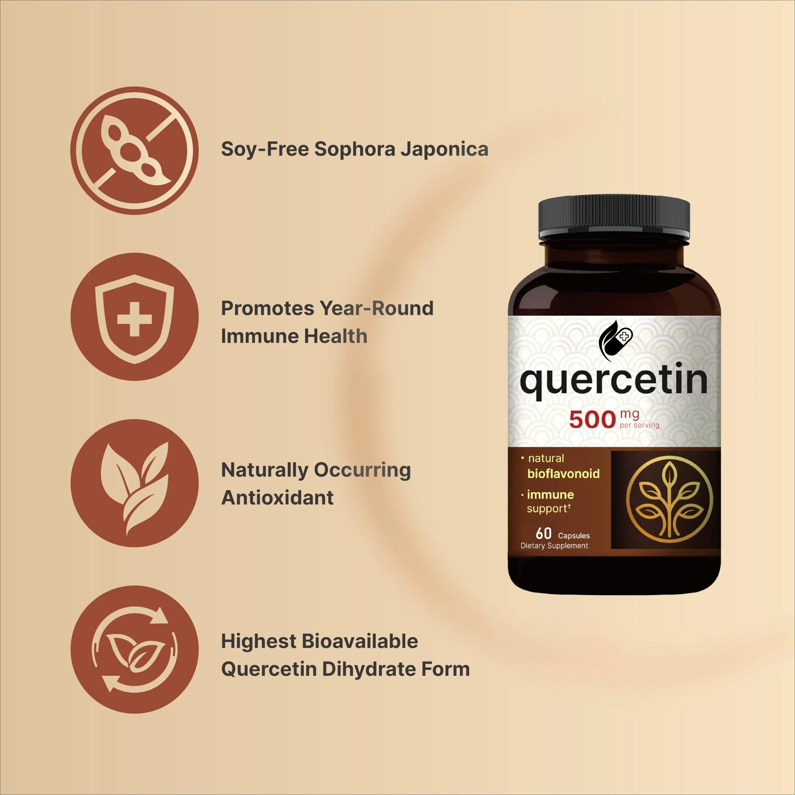 Quercetin 500 Mg Capsules - Supports Antioxidant Status, Cardiovascular & Immune Health - Vegetarian Capsules