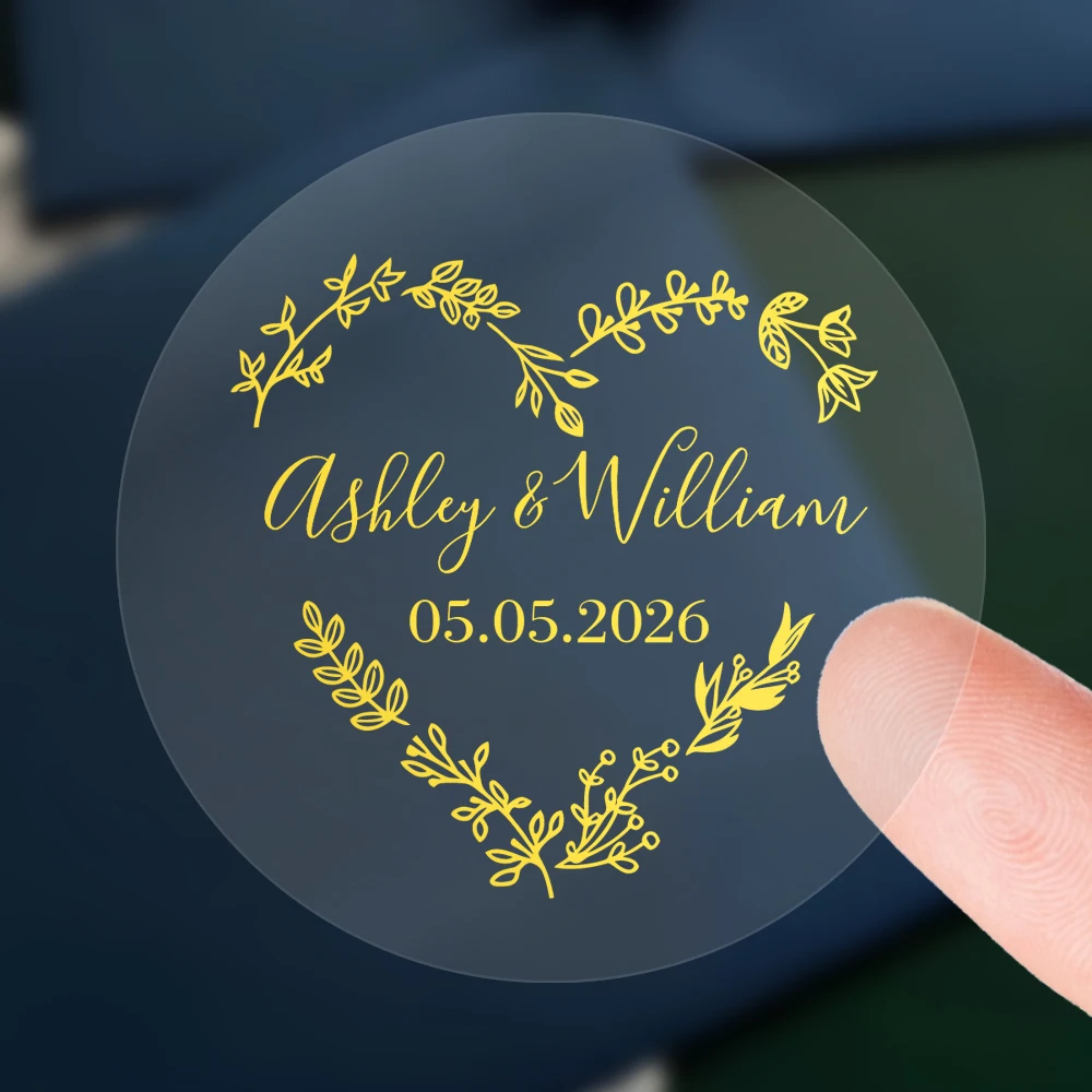 

50PCS Personalized Wedding Stickers, Transparent Round Stickers with Gold Foil Heart-shaped Pattern, Custom Stickers Wedding
