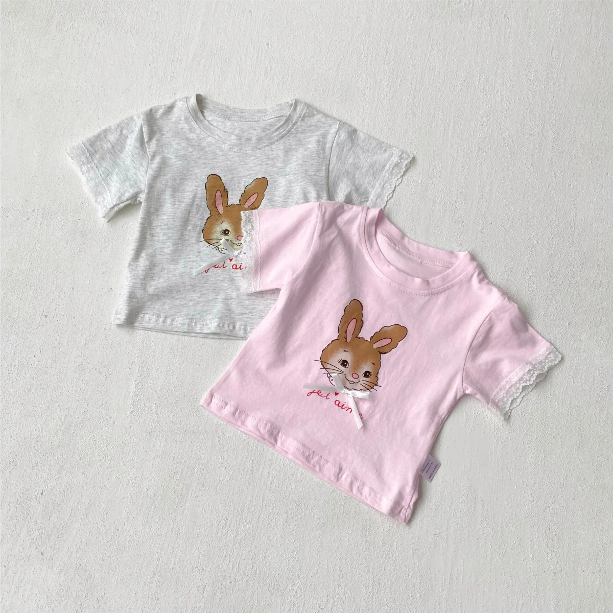 2026 Summer New Baby Short Sleeve T Shirts Girls Cute Sweet Rabbit Print Bow Lace Tee Infant Cotton Tops Toddler Clothes