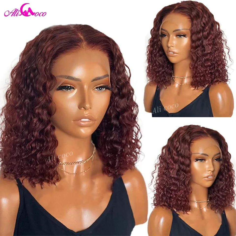 

Reddish Brown Curly Short Bob Wig 13X4 Lace Frontal Wig Human Hair Preplucked Peruvian Remy Short Bob Wigs for Women Ali Coco